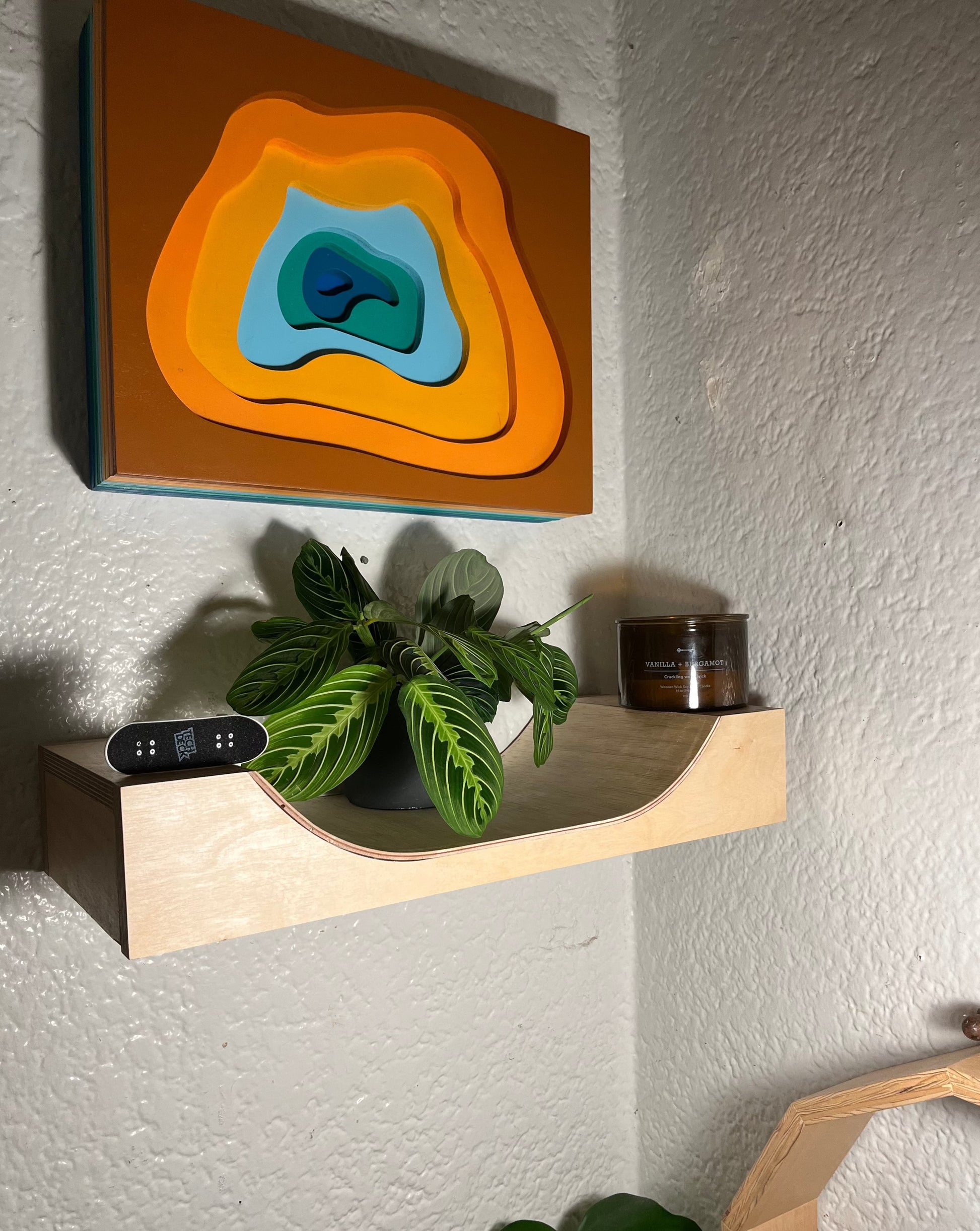 micro mini ramp with plant, tech deck, and candle on top and geothermal art piece in background